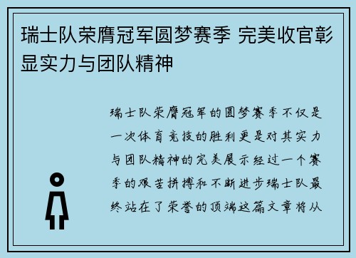 瑞士队荣膺冠军圆梦赛季 完美收官彰显实力与团队精神