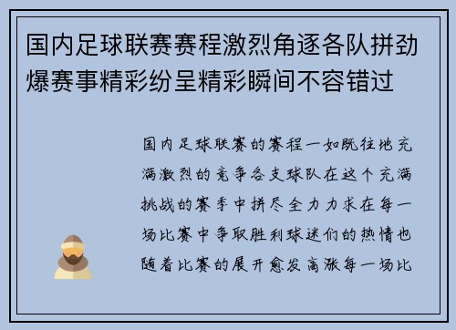 国内足球联赛赛程激烈角逐各队拼劲爆赛事精彩纷呈精彩瞬间不容错过