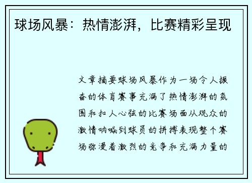 球场风暴：热情澎湃，比赛精彩呈现
