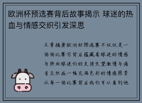 欧洲杯预选赛背后故事揭示 球迷的热血与情感交织引发深思